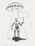C3PO inspired character holding sign below UFO, 1984 Country Fair by Brooklyn College and Steve Feigelson