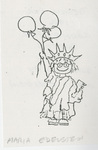 Cartoon Lady Liberty with Glasses button sketch 1986 by Brooklyn College and Maria Edelstein